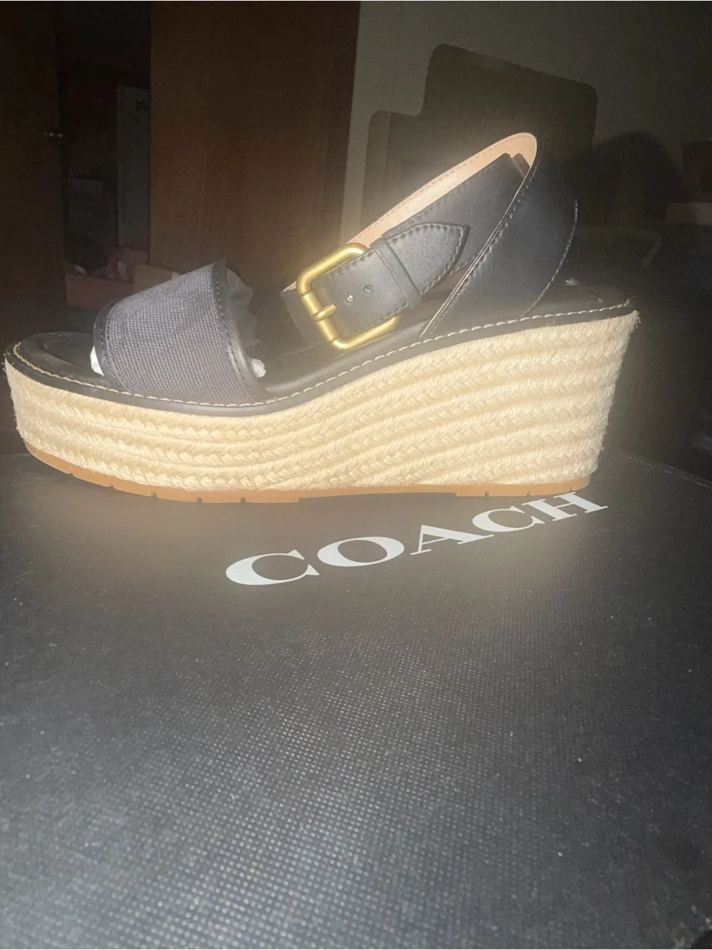 Coach Black and Tan Espadrille Wedge Sandals with Gold Buckle
